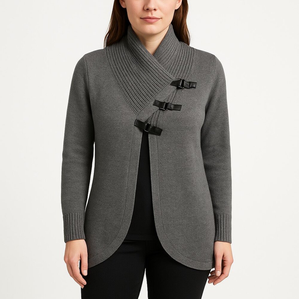Covington Gray Shawl Collar Long Sleeve Buckle Front Long Sweater Womens Large
